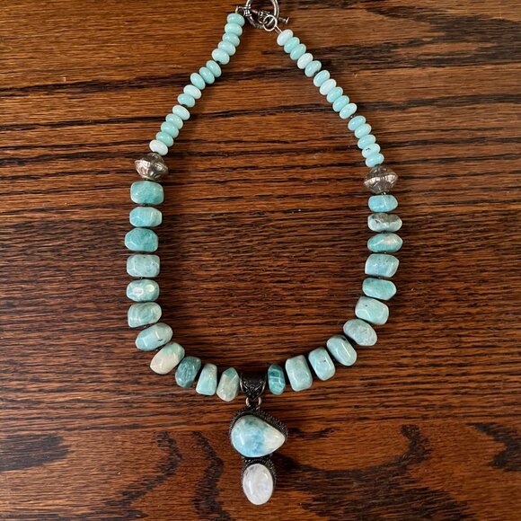 Handcrafted Amazonite, Larimar and Moonstone Beaded Necklace Bronze Tone Accents - Picture 3 of 11